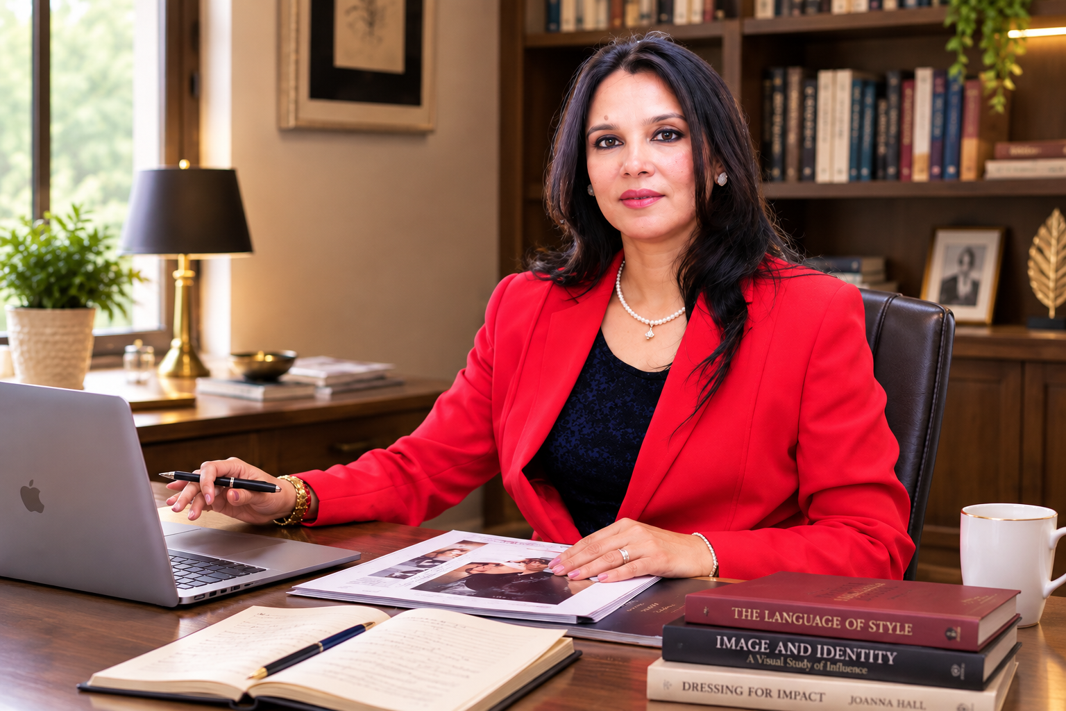 Kavita Singhal seated at an executive desk with a laptop and books